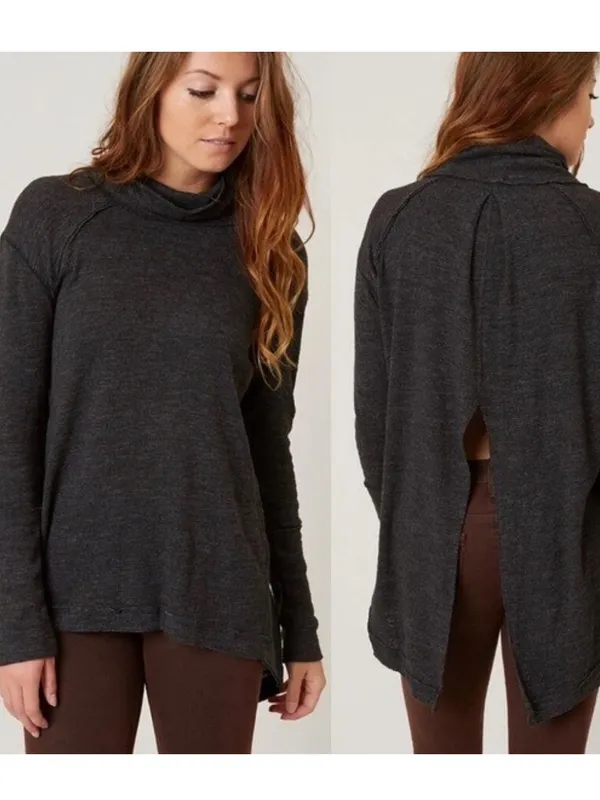 Free People We The Free Turtleneck Tunic Top Medium Gray/Tan Split Back - Image 2