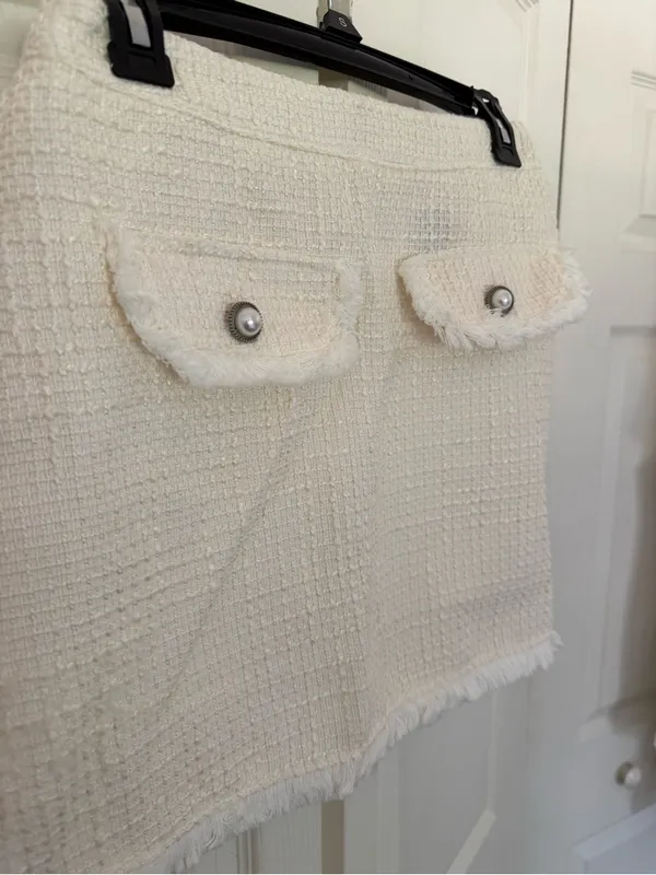 SHEIN White Tweed Skirt Set Frayed Hem Button Detail Preppy Girly Set Medium - Image 7