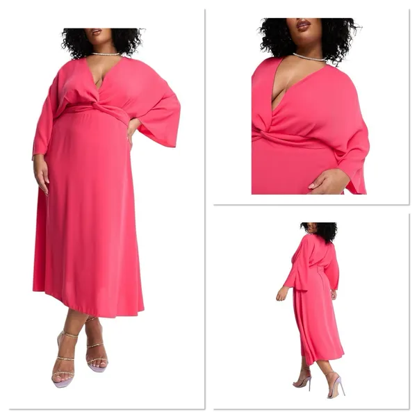 ASOS DESIGN Curve Batwing Twist Front Midi Skater Dress‎ In Raspberry Size 14 - Image 2