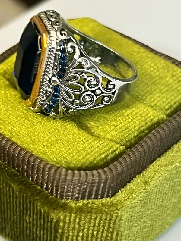Silver Ottoman Style Large Sapphire Gemstone Ring Size 6 - Image 4