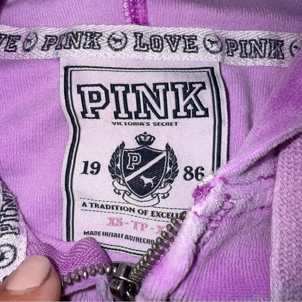 VICTORIAS SECRET PINK Terrycloth Full Zip Hooded Sweatshirt Logo Y2K Purple XS - Image 3