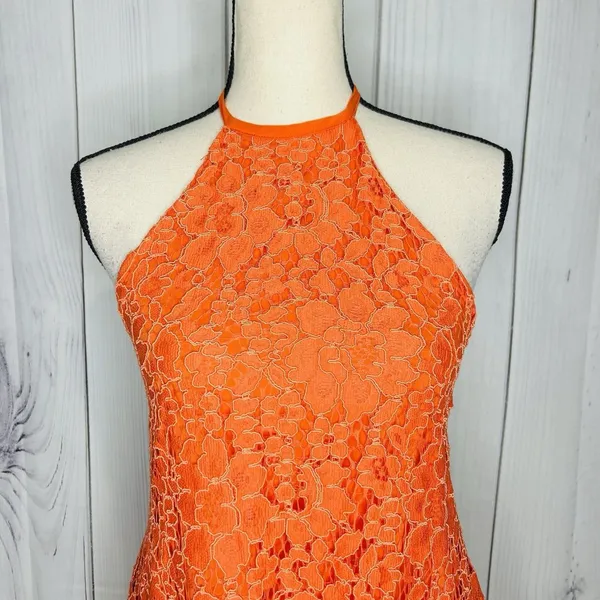 NBD Revolve Lace Overlay Floral Halter Dress Sz S Orange Mini A-Line Ribbon Tie - Image 2