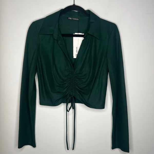 Zara Green Ruched Drawstring Collar Long Sleeve Blouse Size Medium - Image 3