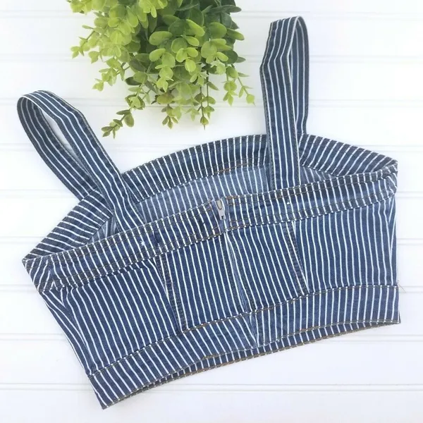 Forever 21 Striped Denim Crop Top and Wide Leg Jean 2 Piece Set Size Small - Image 14