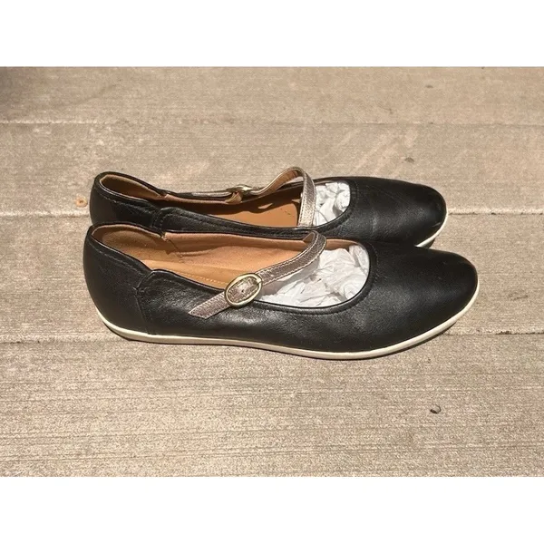 Clarks Cushion Soft Black Leather Mary Jane Flats Metallic Strap Wmns 8.5 Ortho - Image 4