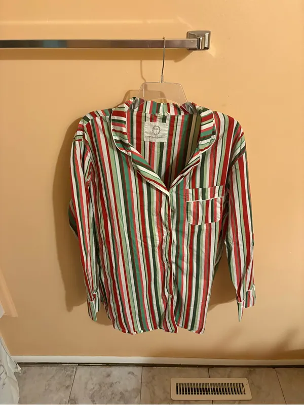 Printfresh Green, Red, Pink, & White Striped Long Sleeve Pajama Shirt - Image 2