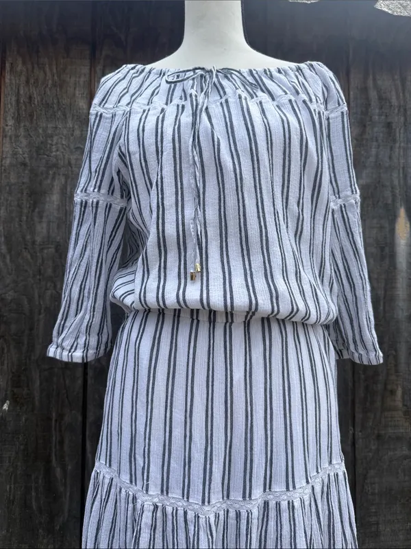 Lauren Ralph Lauren White Maxi Dress Black Stripes Ruffled Tiered Hem Sz 14 - Image 3