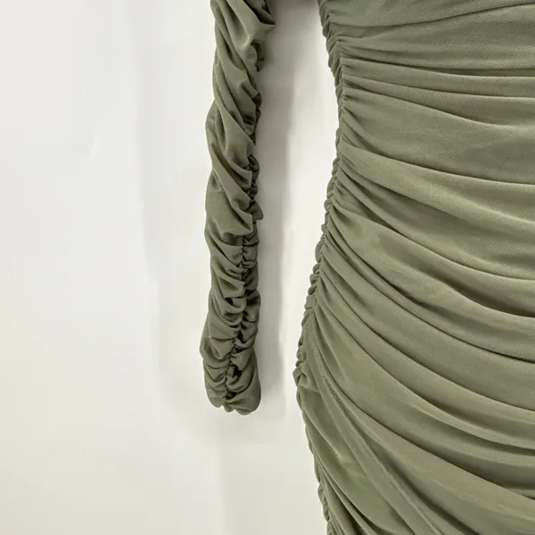 Selfie Leslie Ruched Off Shoulder Mini Dress S Olive Green Long‎ Sleeve Bodycon - Image 4
