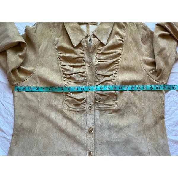 Vintage Margaret Godfrey Suede Ruched Button Up Shirt Large Tan - Image 4