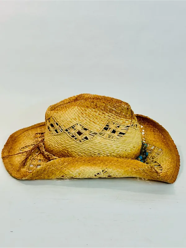 Scala Women’s Cattlemen Western Hat, 100% Rafia with Turquoise Beaded Design, OS - Image 6