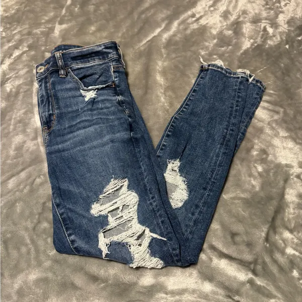 American Eagle Outfitters Dark Blue Distressed Hi Rise Jegging Skinny Jeans - Image 2