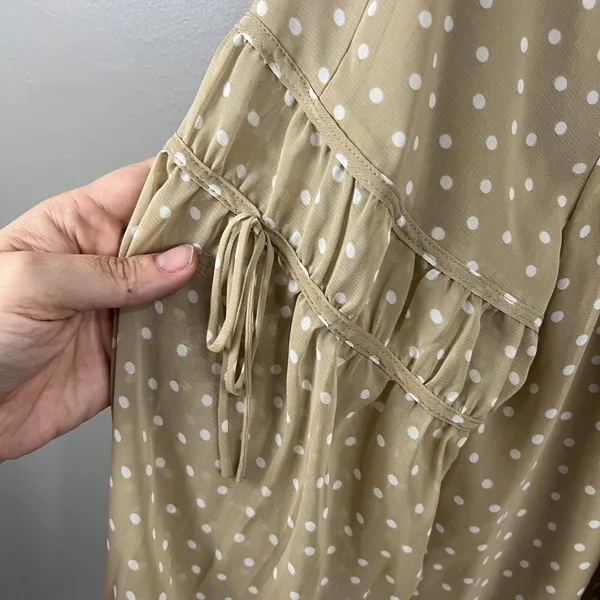 Susan Graver Tan White Polka Dot Sheer Chiffon Raglan Sleeve Peasant Top Medium - Image 2