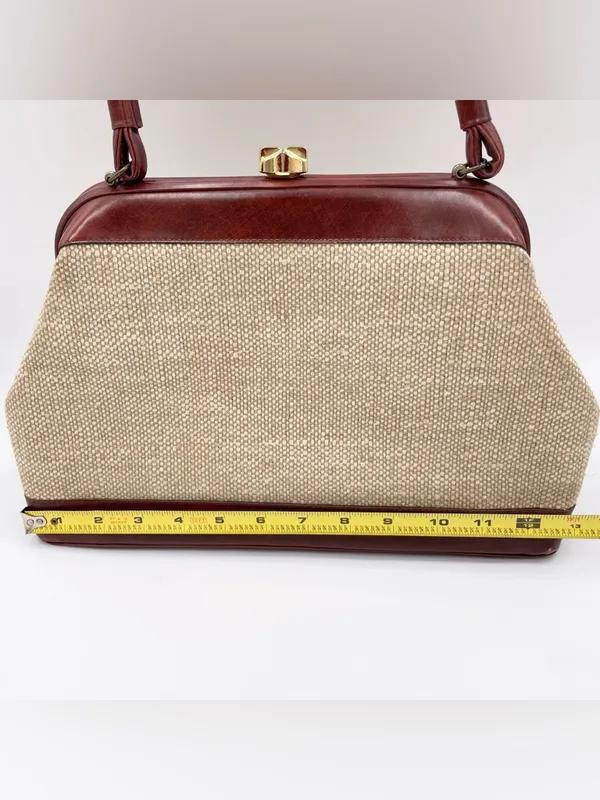 Vintage 50s 60s Top Handle Satchel Bag Red Leather Tweed Purse Midcentury Modern - Image 11