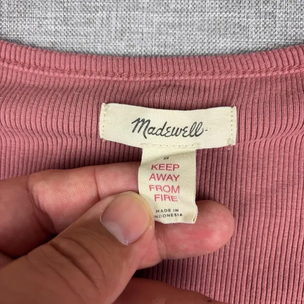 Madewell T-Shirt Womens S Pink Notch V-Neck Long Sleeve Ribbed Cropped Top - Image 4