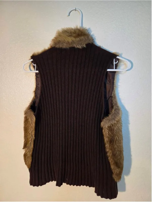Tiara Faux Fur Zip Front Knit Back Sleeveless Vest Multi Brown Tan Medium W-248 - Image 3