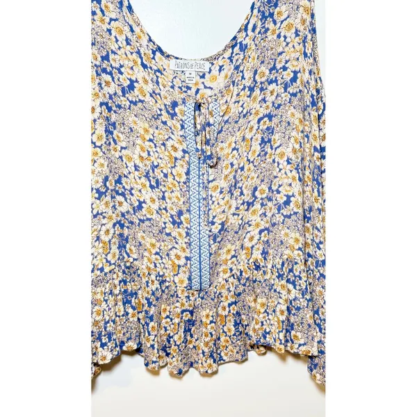 Patrons of Peace Blue Yellow Ditsy Floral Peasant Blouse Boho Size Medium - Image 4