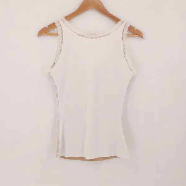 Y2K Lace Babydoll Cami Tank Top Womens Size L White Tan Coquette Fairy Layering - Image 3