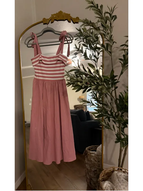 NEW Tie Strap Striped Midi Stretch Dress Pockets Small - Image 7