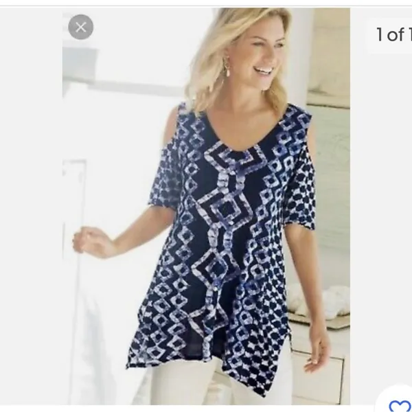 Soft Surroundings Talia Top Tunic Cold Shoulder Ikat Print Beaded Geo size M - Image 9