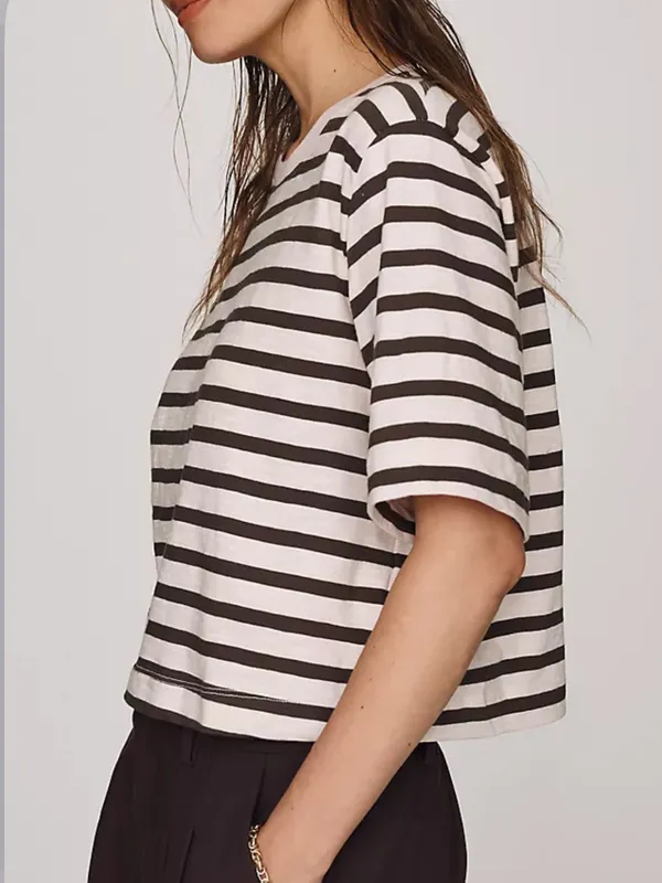 ANTHROPOLOGIE MAEVE Corey Short Sleeve Boxy Tee in PinkTaupe Brown Stripe XS - Image 2