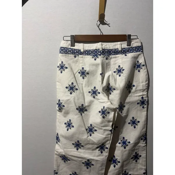 Mango White Blue Geometric Embroidered Wide Leg Cropped Pants Size‎ 4 NWT - Image 7