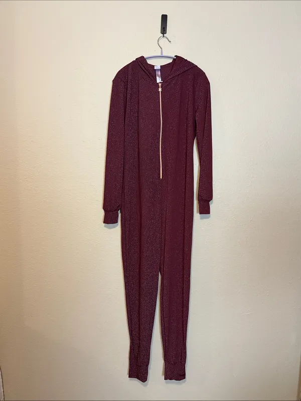 Savage X Fenty Sleep & Shine Hooded Jumpsuit Size Medium Burgundy Glitter‎ - Image 4