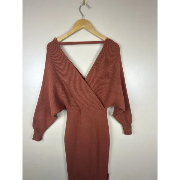 Petal + Pup Knit Sweater Midi Dress Size 2 Rust Terracotta V Neck Long Sleeve - Image 6