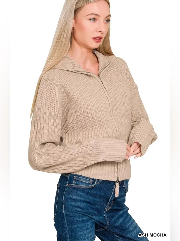 Zenana Beige Ribbed Knit Two Way Zip Up Sweater Jacket Oversized Collar Cardigan - Image 3