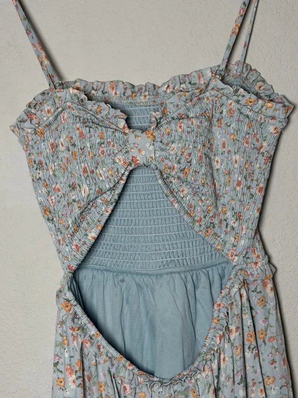 Altar’d State Blue Floral Smocked Open Back Tiered Maxi Dress XS Romantic - Image 10