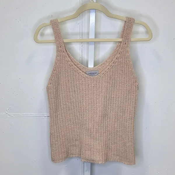 Cashmeren Women's Beige Knit Tank Top V-Neck Sleeveless Ribbed Minimalist Summer - Image 2