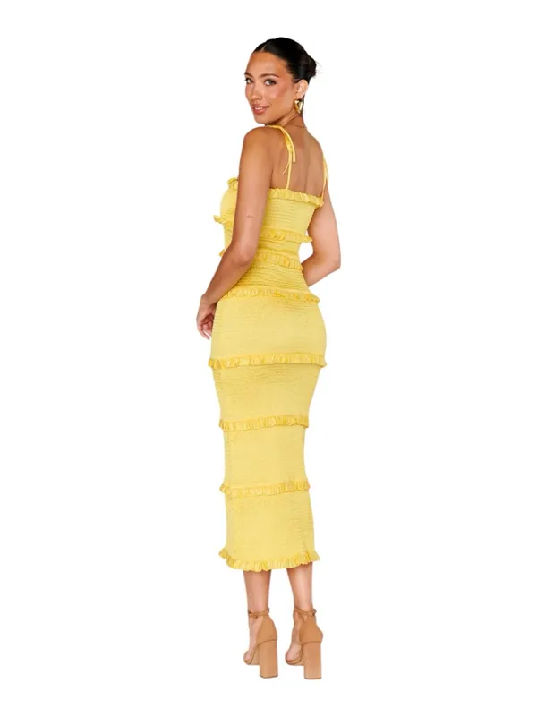 NWT Show Me‎ Your Mumu Stella Smocked MIDI Dress Yellow Luxe Satin Large - Image 2