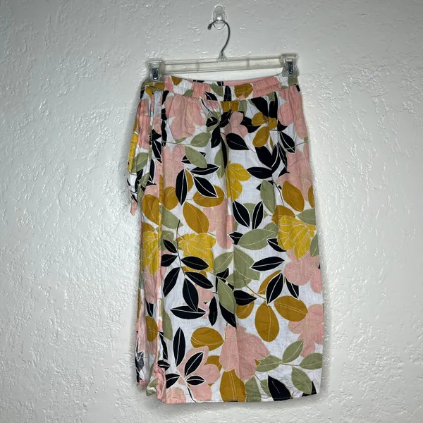 Rachel Zoe‎ 100% Linen Floral Faux Wrap Midi Skirt Pink Yellow Green Small - Image 2