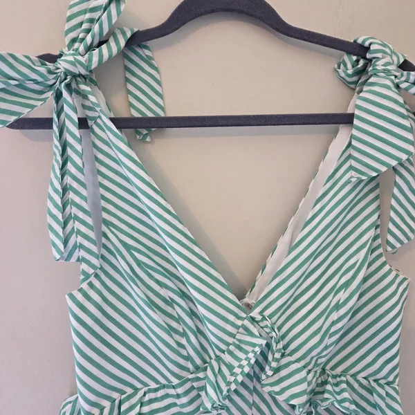 BCBGeneration Green and White Striped V-Neck Tie Shoulder Dress - Image 2