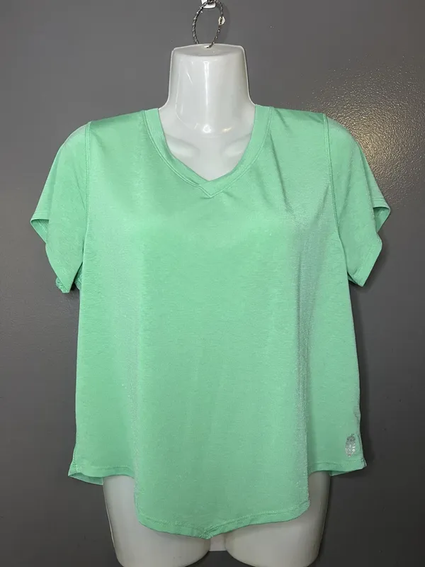 FP Movement Shirt Womens Medium Green V Neck Open Back Cutout Short Sleeve Yoga - Image 2