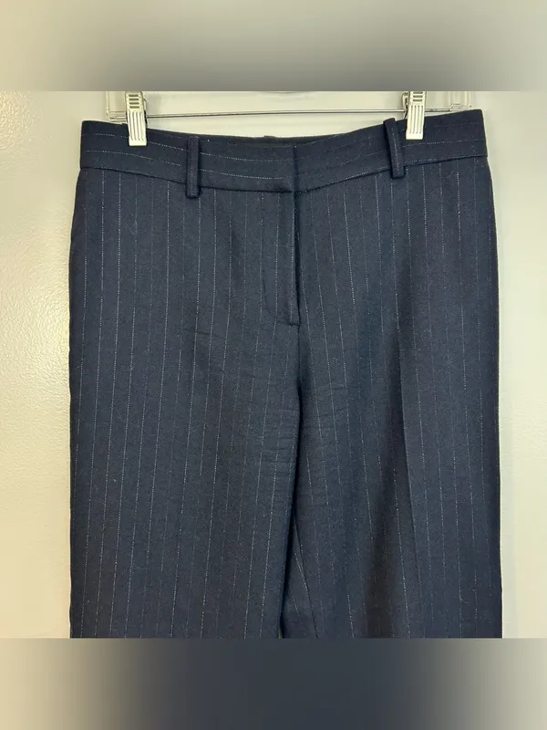 Equiptment Navy Blue Wool Blend Metallic Pinstripe Wide Leg Trouser Pants Sie 6 - Image 2