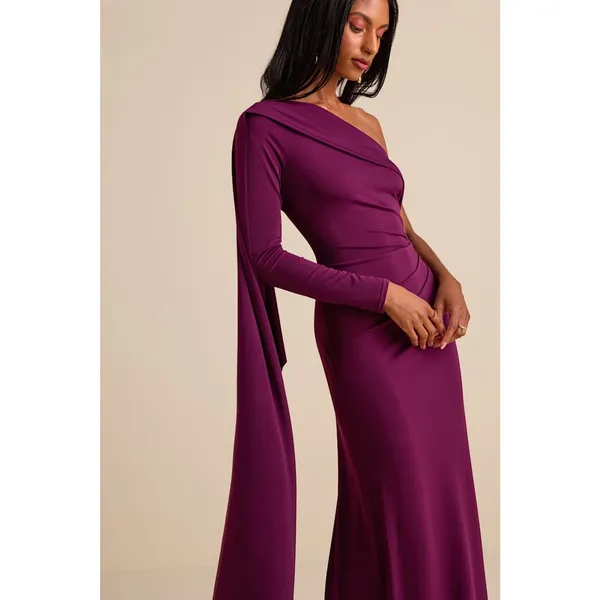 Lulus Maru Plum Purple Long Sleeve One-Shoulder Sash Dress Bridesmaid Medium - Image 9