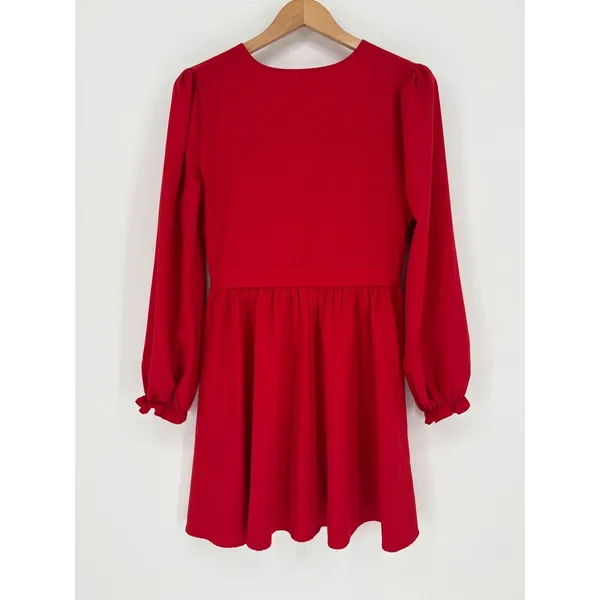 UMENLELE Red Long Sleeve Ruched V Neck‎ Mini Dress Women's Size Medium - Image 6