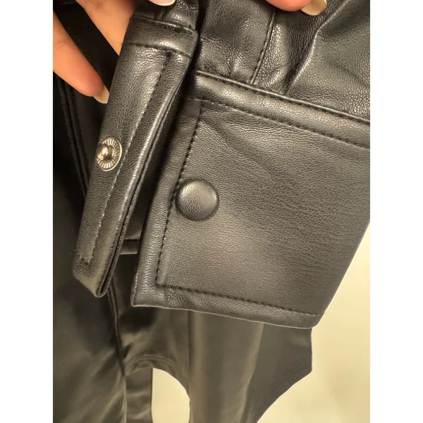 Abercrombie & Fitch Mini Dress Women's L Black Faux Leather Flap Pockets Belted - Image 6