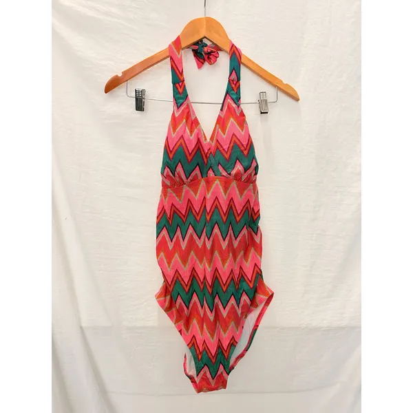 Beach Bump Maternity Chevron 70’s Retro Swimsuit Medium‎ Green - Image 3