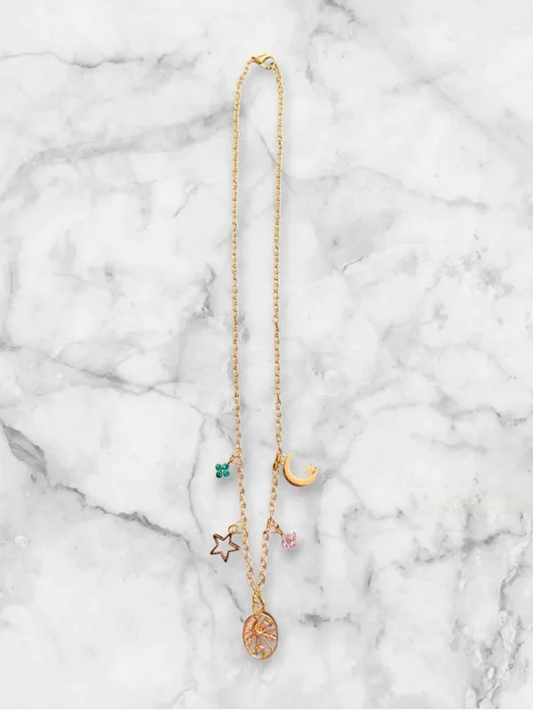Gold Celestial Charm Necklace with Pink & Teal Accents - Image 3
