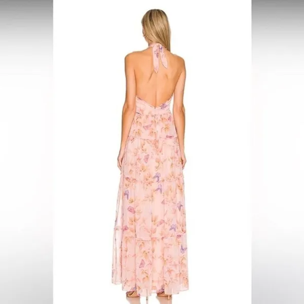 Amanda Uprichard Estella Maxi Dress Pink Tie Back Butterfly Ruffled Gown Size L - Image 2