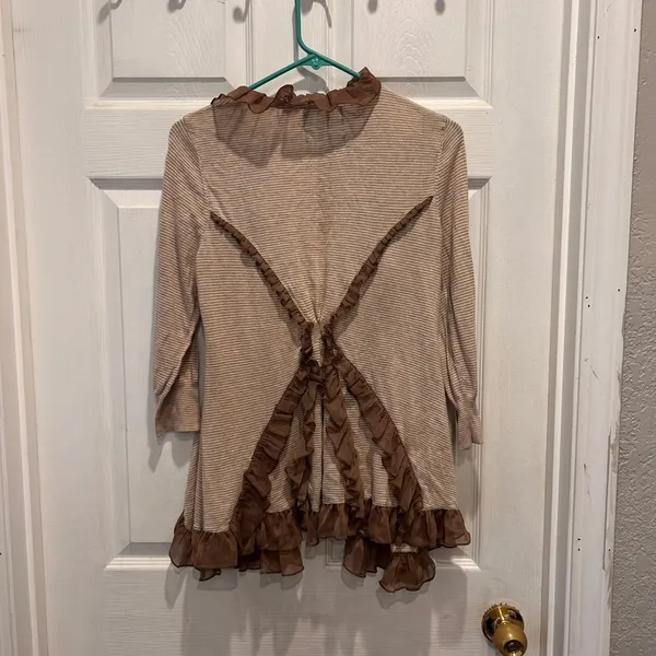 Guinevere Cardigan Brown Striped‎ Ruffle Trim Striped Open Front Sweater Large - Image 6