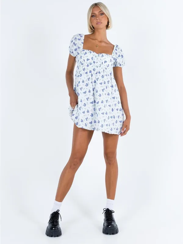 Princess Polly Blue Floral Puff Sleeve Mini Dress Cotton White Tie Back US 8 - Image 6
