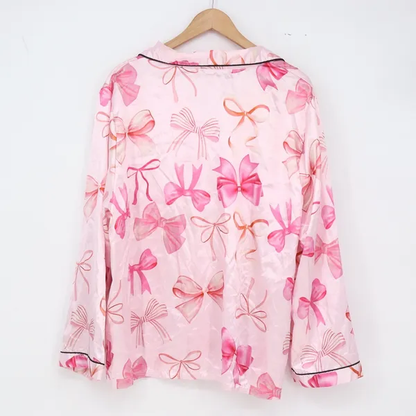 SHEIN Pajama Set Womens 2XL Bow Print Pink Button-Down Satin Long Sleeve Exc - Image 4