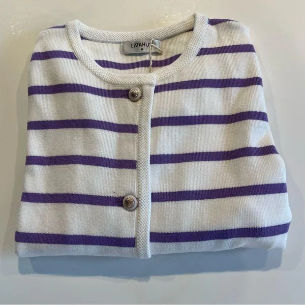LATAHUO Women Gold Button Down Cardigan Lavender White Crew Neck size Medium - Image 2