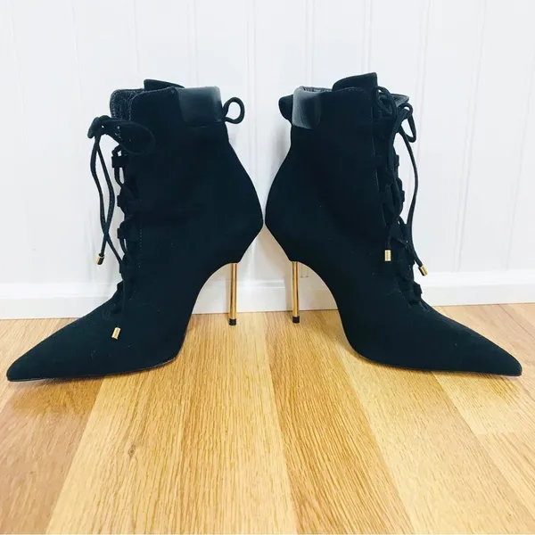 GOOD AMERICAN Black Suede Stiletto Lace Up Ankle Boot Bootie Hiking Size 5.5 New - Image 5