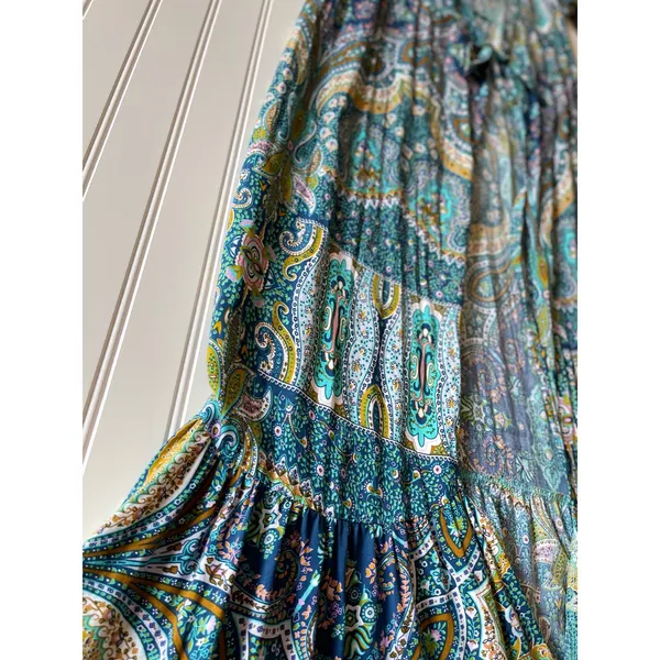 R.Vivimos Paisley Maxi Dress Cardigan Tie Front Bell Sleeve Duster Teal S - Image 5