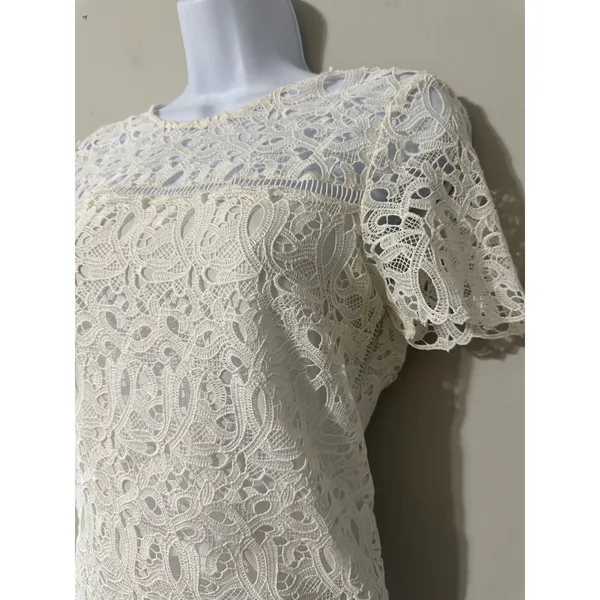 Massimo Dutti Lace Crocheted Top Ivory Short Sleeve‎ Sheer Elegant Women's - Image 3