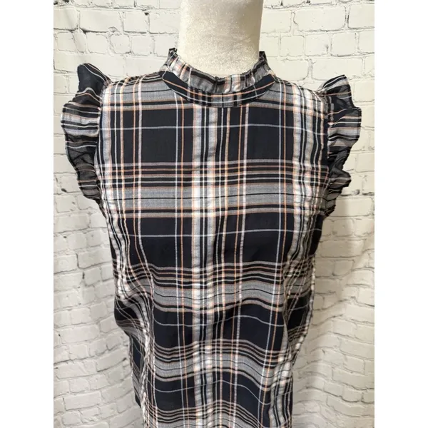Loft Women's Black Orange & White Plaid Flutter Sleeve Ruffle Top Size Small - Image 2