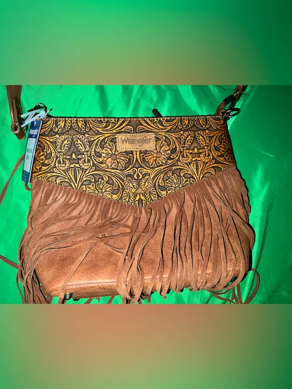 NWT Wrangler Brown Fringe Crossbody with Embossed Floral Panel Western Feel - Image 3